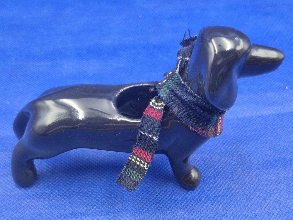 Vintage Black Ceramic Dachshund Candle Taper Holder 5" Long Weiner Dog